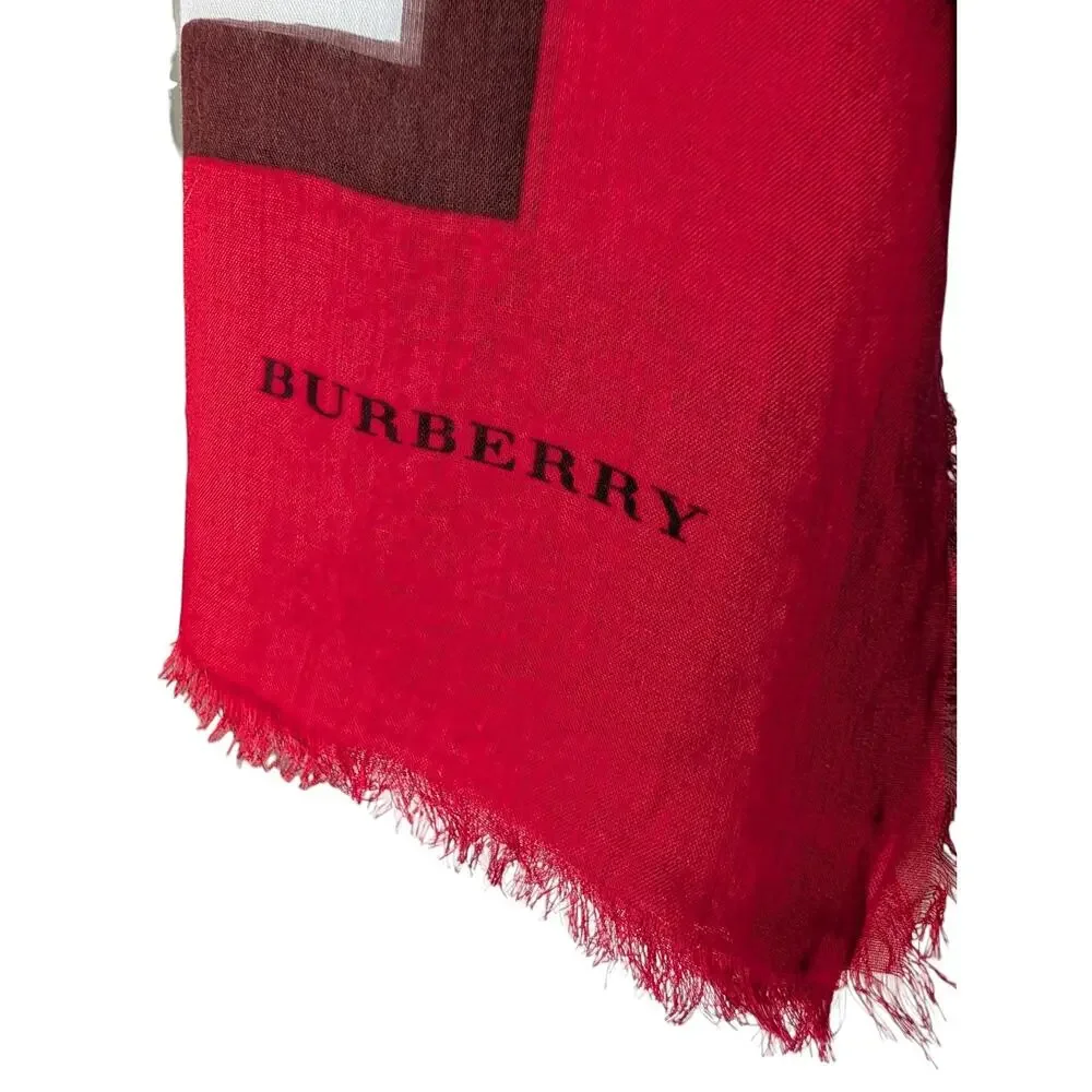 Burberry Leopard Cheetah Animal Print Red Silk Blend Scarf Italy Fringe Large